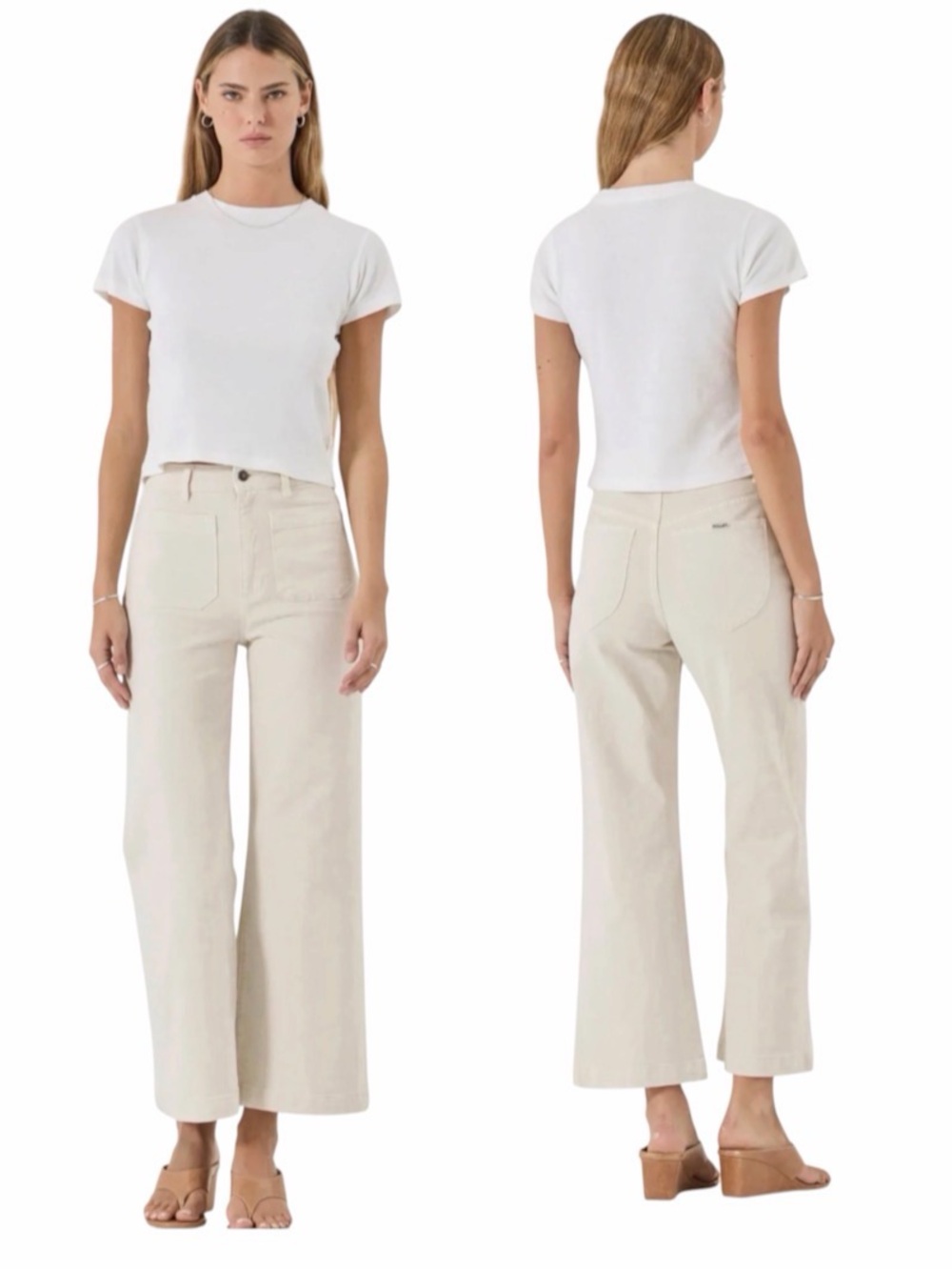 Rollas Sailor Jeans Off White High Rise Wide Leg Jeans Cropped Denim Size 27